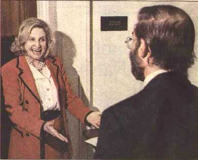 Carl Ross greets  Representative Carolyn Maloney